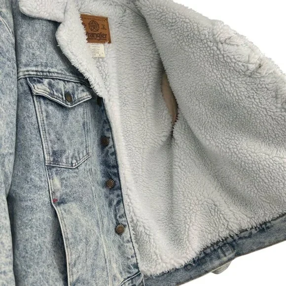 Vintage 80s Wrangler Trucker Jean Jacket Acid Snow Wash Sherpa Western Outlaw M - Picture 6 of 16